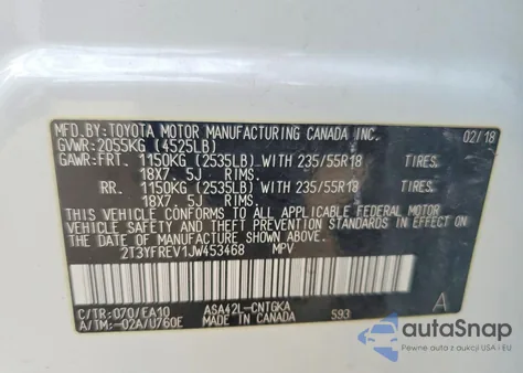 2018 Toyota Rav4 Limited z USA, uszkodzony, nr VIN 2T3YFREV1JW453468